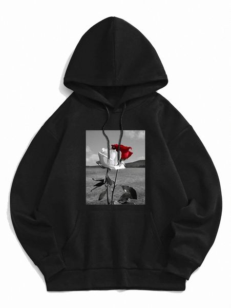 

romwe guys floral graphic kangaroo pocket drawstring hoodie l2vw#, Black