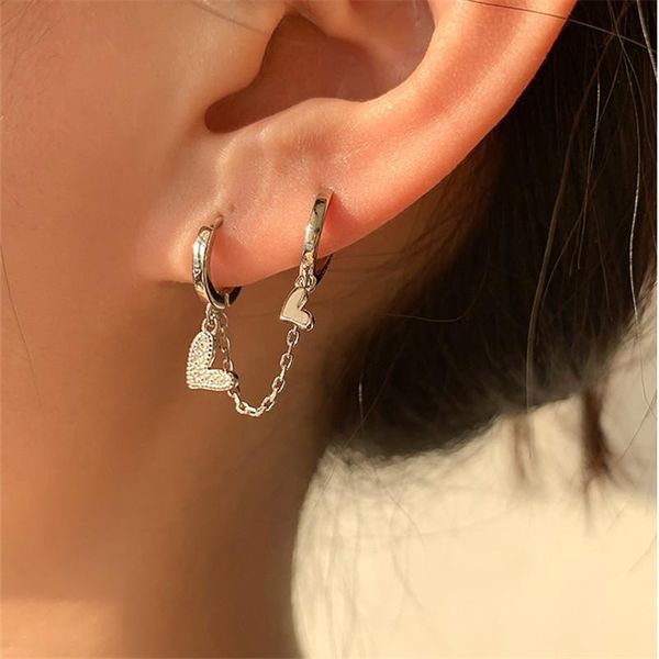 

stud 925 sterling silver tassel chain zircon heart star piercing earrings for women birthday jewelry gift pendientes eh1266, Golden;silver