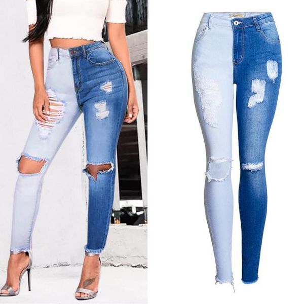 

women's jeans 2021 autumn blue/white patchwork women mid waist small-foot pants elastic slimming stitching denim for woman