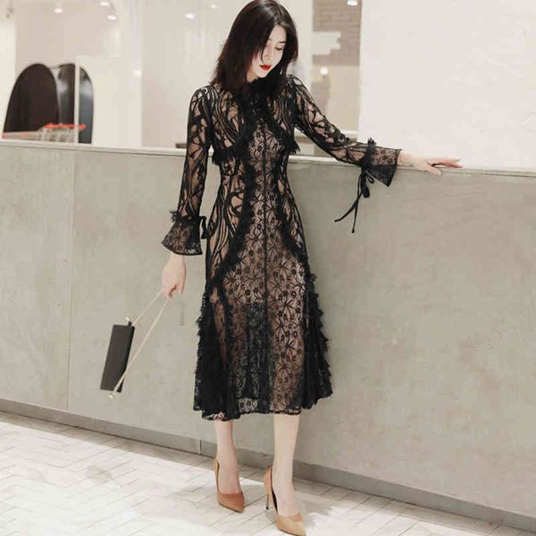 

Spring fashion arrival comfortable lace perspective elegant personality quality long-to-line dress, Black;gray