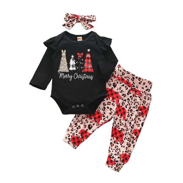 

christmas toddler baby girl clothes outfit letter print autumn long sleeve 3pcs bodysuit leopard print pants headwear, White