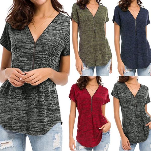 

women's t-shirt 2021 short sleeve zipper top, White