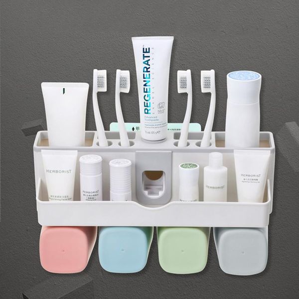 

bath accessory set 1set automatic toothpaste dispenser makeup holder toothbrush rack with hook wall-mount squeezer bathroom accessories