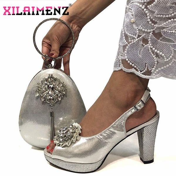 

dress shoes retro style 2021 nigerian lady and bag to match set in silver color super high heels comfortable with platform, Black