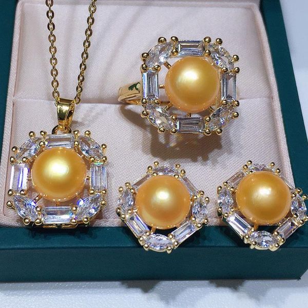 

earrings & necklace habitoo women's elegant 7-8mm yellow freshwater pearl pendant chain ring stud cubic zircon mosaic jewelry set, Silver