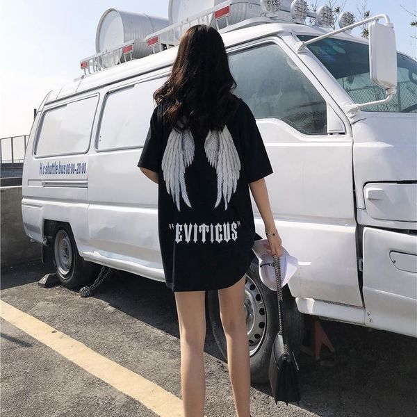 

summer loose hip hop womens t shirts girl short sleeve harajuku angel wings vintage plus size women streetwear punk, White