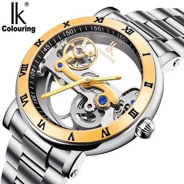 

wristwatches unique design 2021 transparent case gold bezel skeleton mechanical watches men automatic tourbillon man wriswatches, Slivery;brown