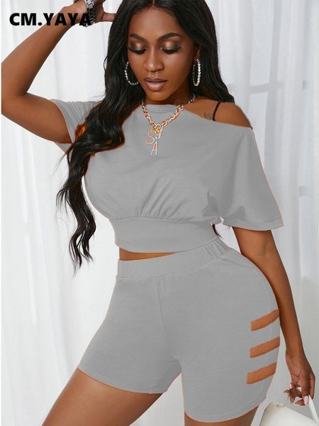 

women's tracksuits cm.yaya active tracksuit off shoulder tee and hole shorts matching two 2 piece set outfits fashion street sweatsuit, Gray
