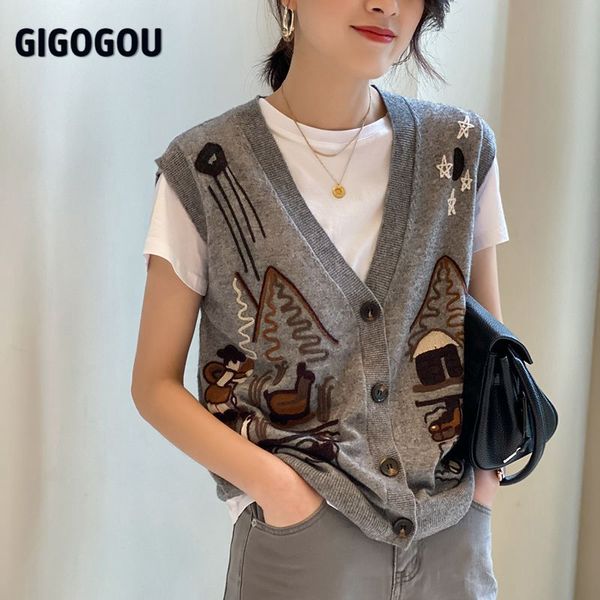 

gigogou embroidery women vest sweater 2021 fashion knitted sweater female waistcoat chic sweater women clothes outfits, Black