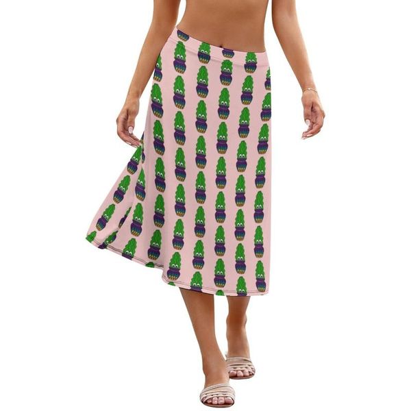 

skirts cactus skirt fashion summer girls pattern polyester elastic midi, Black