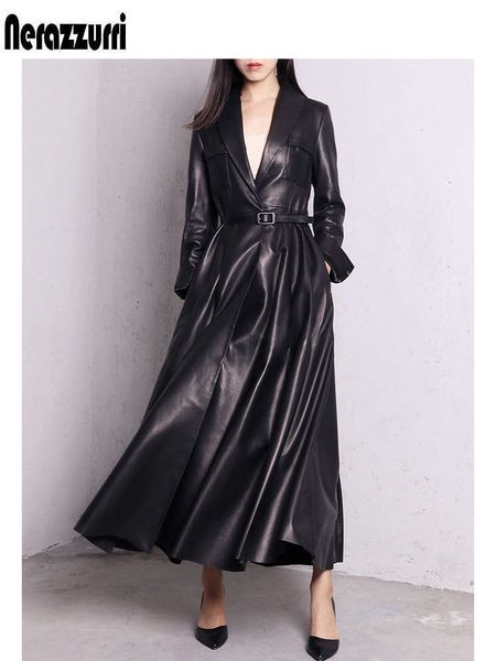 

nerazzurri red maxi black leather trenchcoat for women long mouwen extra long skirted overcoat plus size fashion