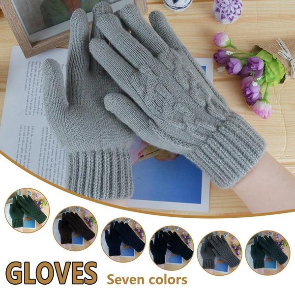 

cycling gloves men's autumn winter keep thicken warm cashmere solid color printed knitted mittens female woolen full finger, Black