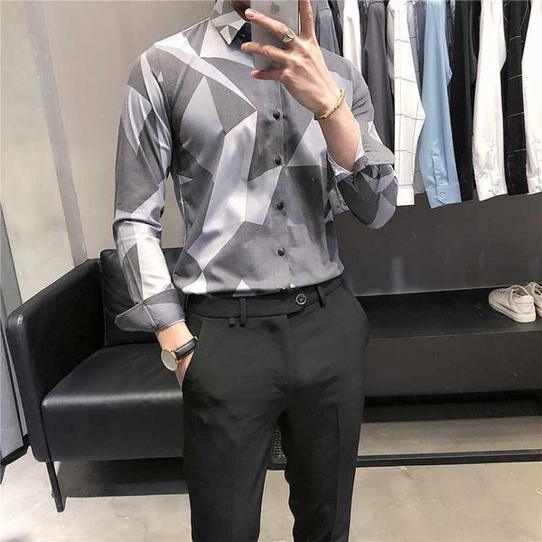 

men's business formal dress shirts geometric printed long sleeve slim fit casual shirt office social blouse chemise homme 210527, White;black