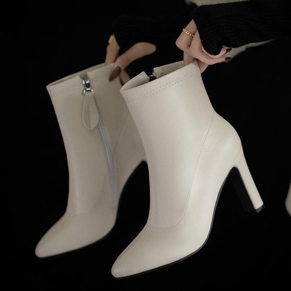 

boots 2021women fashion square high heel ankle round toe slip on autumn winter female shoes, Black