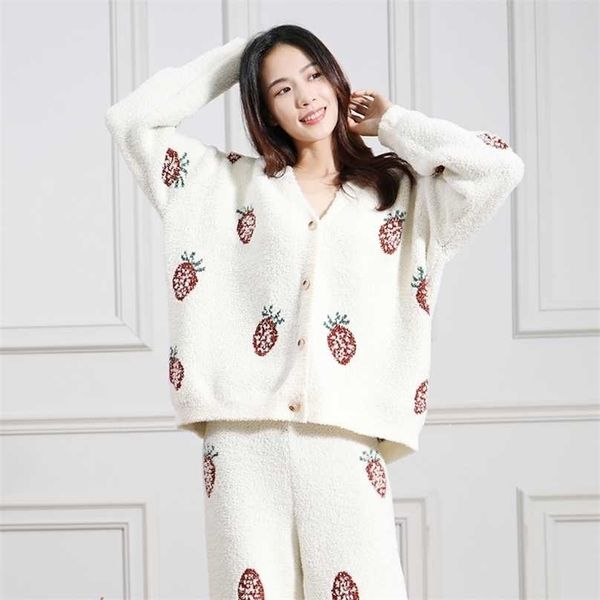

latest women's pajamas set sleepwear home clothes sweater thick nightwear wick yarn loose knitted autumn and winter v neck 211109, Black;red