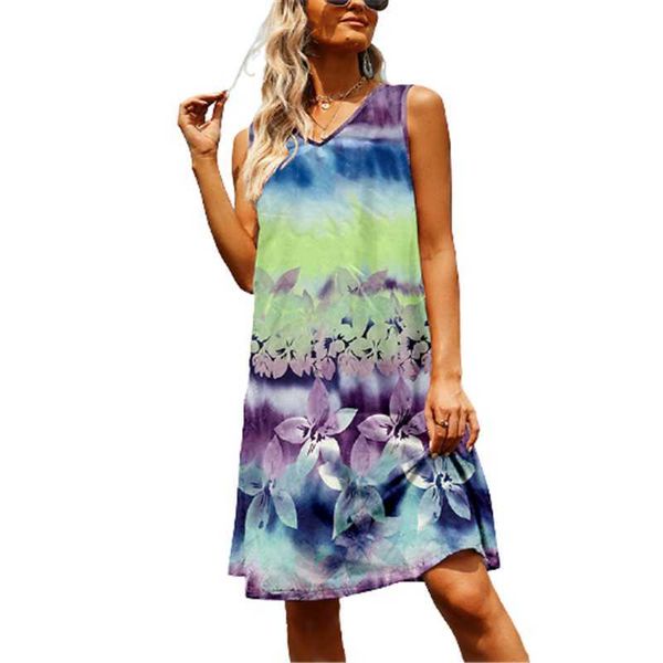 Frauen Tie Dye Blumendruck Kleider Casual ärmellos V-Ausschnitt lose große Schaukel Vintage Kleid weibliche Sommer Strand Sommerkleid 210526