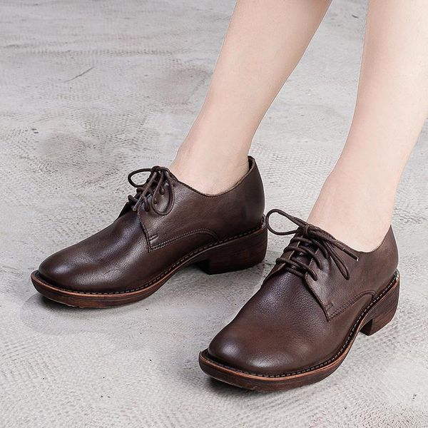 

dress shoes original leather women's 2021 autumn lace up round toes square low heels retro student, Black