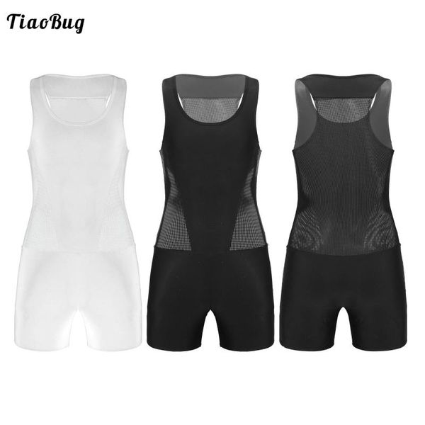 

tiaobug summer man breathable sport bodysuit u neck sleeveless racer back patchwork hollow out net gym hiking swimming leptard men's sw