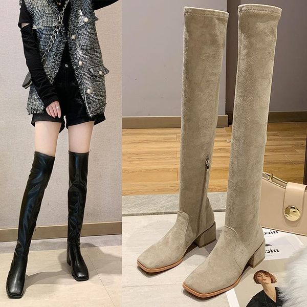 

boots autumn and winter long women korean thick heel square suede elastic thin leg over the knee, Black