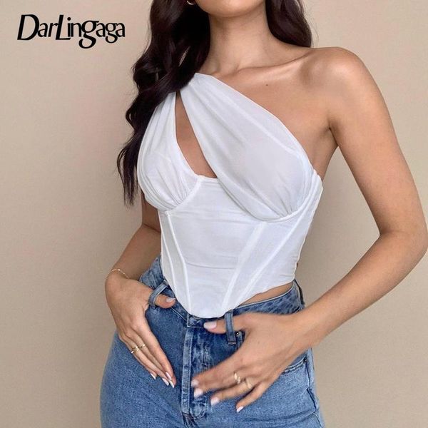 

women's tanks & camis darlingaga fashion asymmetrical white corset tank women one shoulder party summer hollow out cropped vest clu