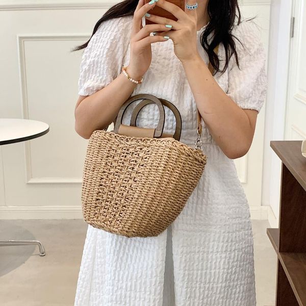 

evening bags beach straw handbags women rattan bucket shoulder crossbody fashion big capacity totes lady summer wooden handle bag