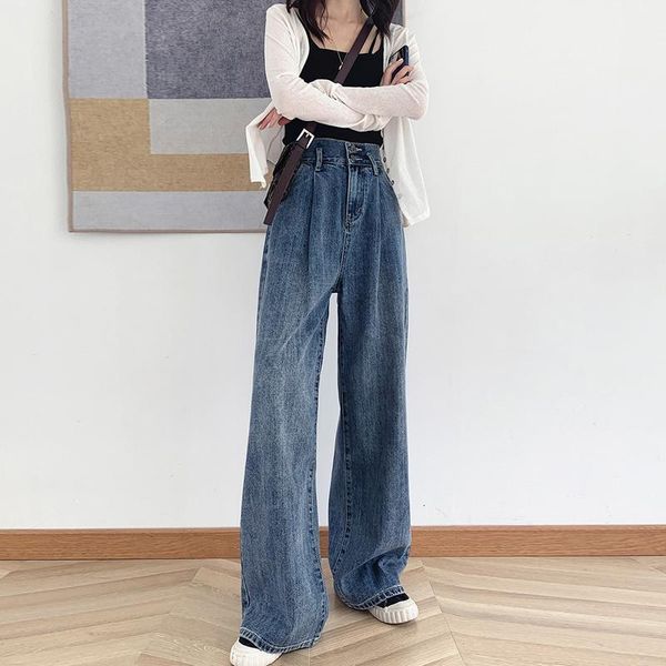 

women's jeans female jeans double-button vintage fists total washed length loosely high-waisted pants teenage lady in fashion high-stre, Blue