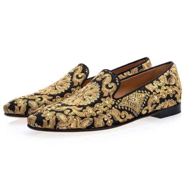 

zapatos hombre men blue footwear handmade golden embroidery loafers man slip on flats dress shoes size 38-46, Black