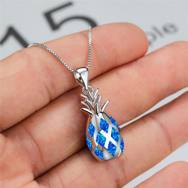 

boho female blue opal pendant necklace classic silver color chain necklaces for women luxury fruit pineapple wedding