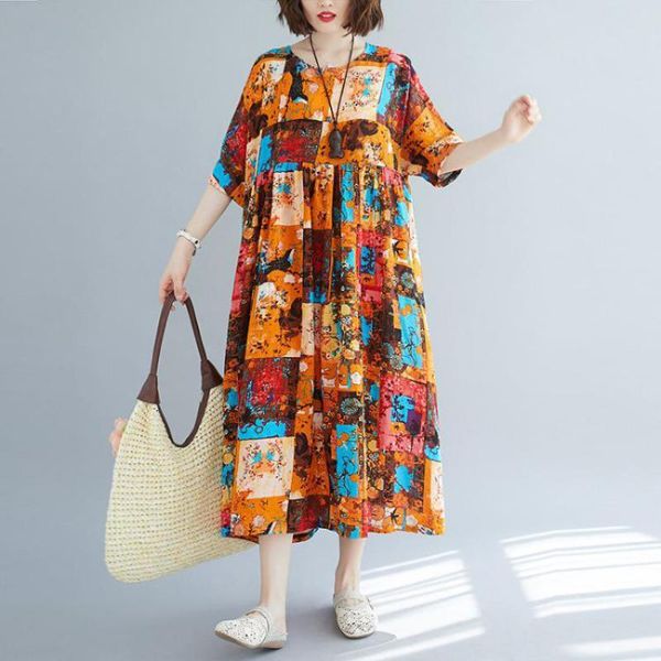 

johnature print summer dress women clothes loose pockets o-neck vintage leisure short sleeve comfortable women dress 210521, Black;gray
