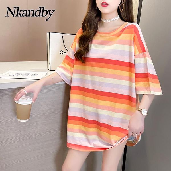 

women's t-shirt nkandby summer women`s cotton tshirt colorful stripe casual loose large size t shirt short sleeve oversize clothing fe, White