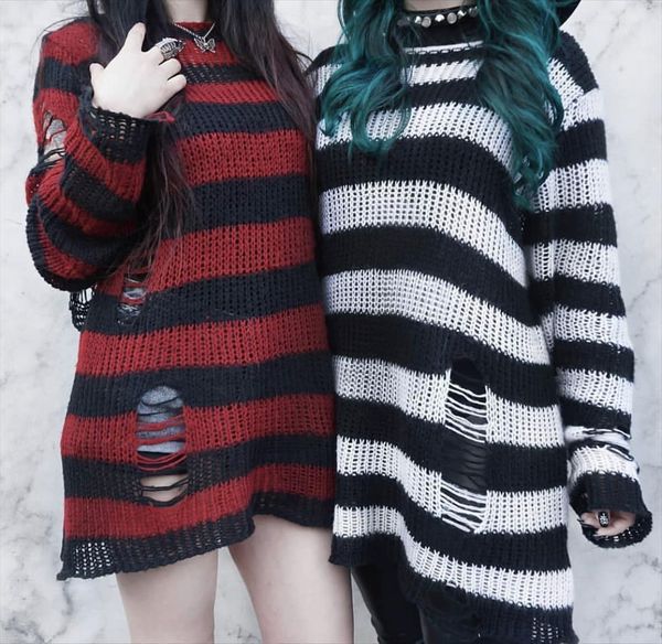 

gothic hollow knitted women sweater loose thin stretch o neck ripped hole cool dress stripe dark goth lolita, White;black