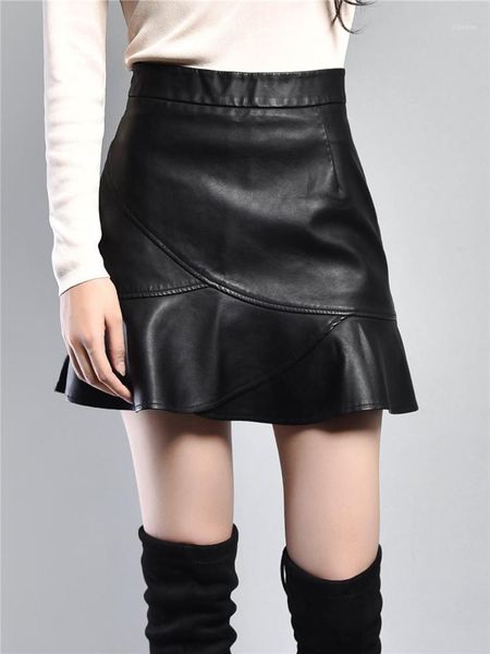 

autumn a-line short skirt high waist pu leather fishtail skirts, Black
