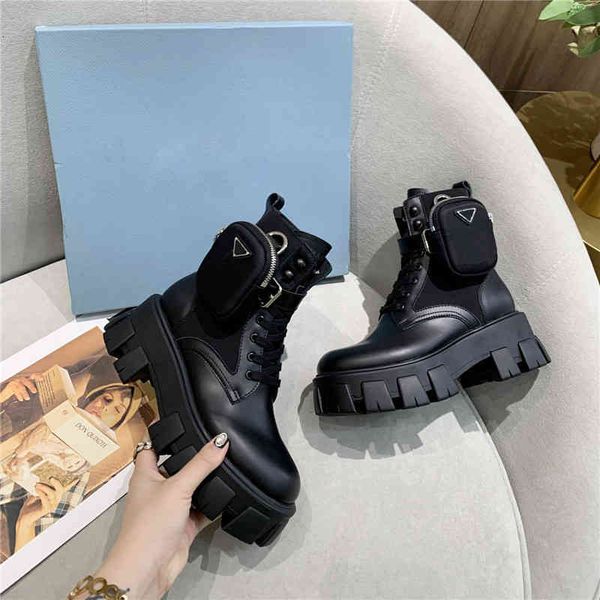 

boots leather paint genuine nylon pouch women ankle combat platform wedges block heels flats chunky booties lace-up shoes woman and men ix5x, Black