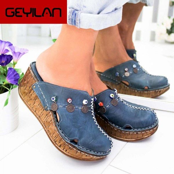

slippers women sandals summer platform wedge shoes for woman high heel sewing retro toeless sandalia feminina, Black