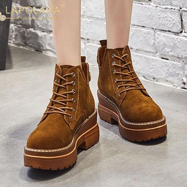 

boots lapolaka 2021 arrivals short woman shoes wedges cosy heels cow suede leather ankle booties winter boot, Black