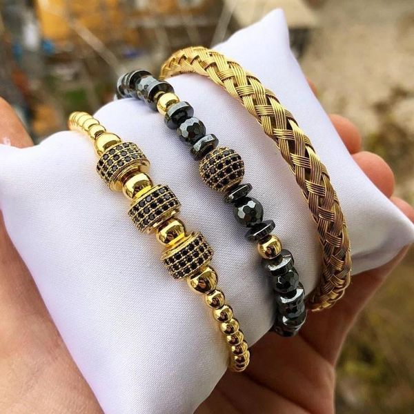 

charm bracelets 2021 design pave cz bracelet men adjustable braided macrame bead bangle for jewelry gift, Golden;silver