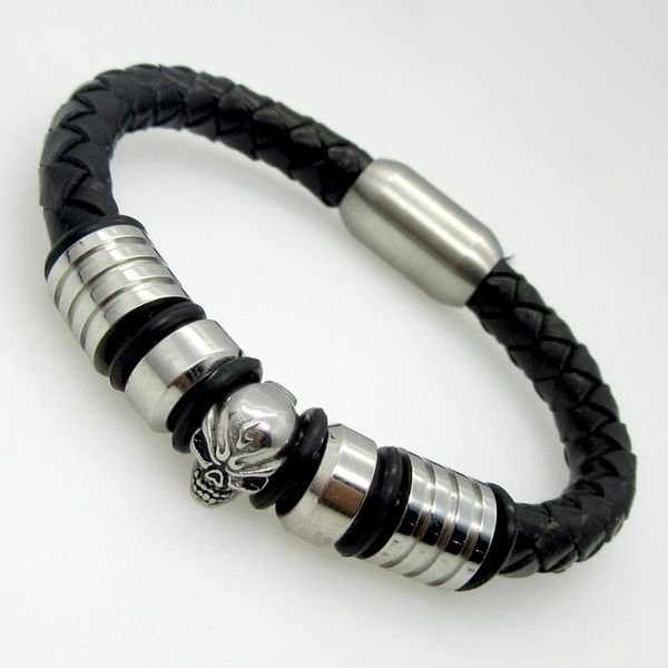 

charm bracelets 21.5cm men jewelry pirate style genuine leather skull magnet wholesale cuff braided wrap black & brown colour, Golden;silver