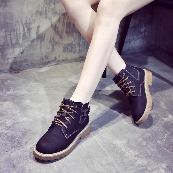 

boots fad solid leather motorcycle autumn winter ankle for women shoes woman square mid heels plus size, Black