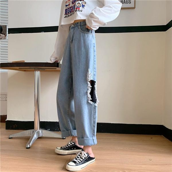 

women's jeans woman ripped high waist clothes wide leg denim clothing streetwear vintage quality 2021 fashion harajuku straight pants, Blue
