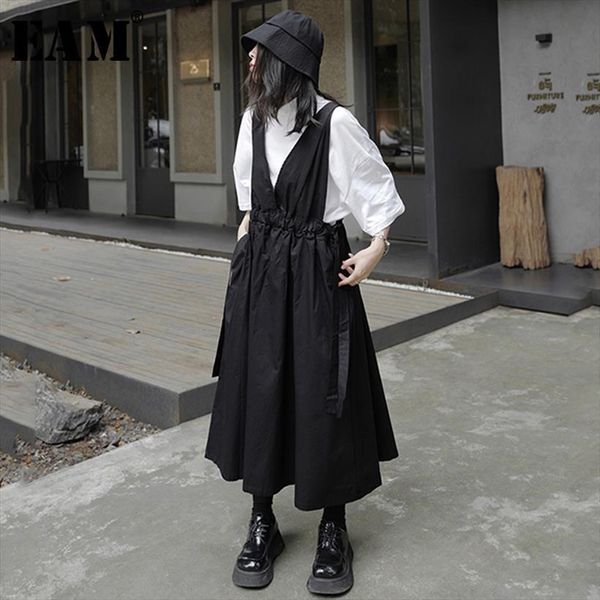

[eam] high elastic waist black women skirt pleated temperament strap half body fashion tide spring autumn 1y493