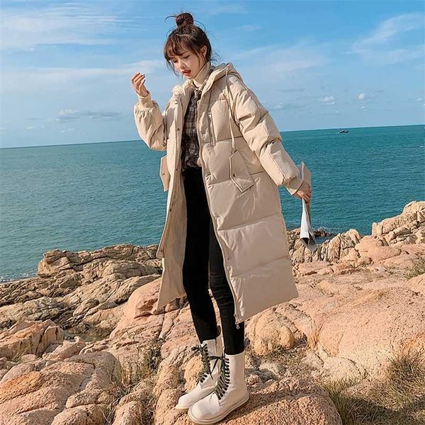 

korean casual mid-length down padded jacket women's long section over the knee loose and thick fashion bread 211013, Black