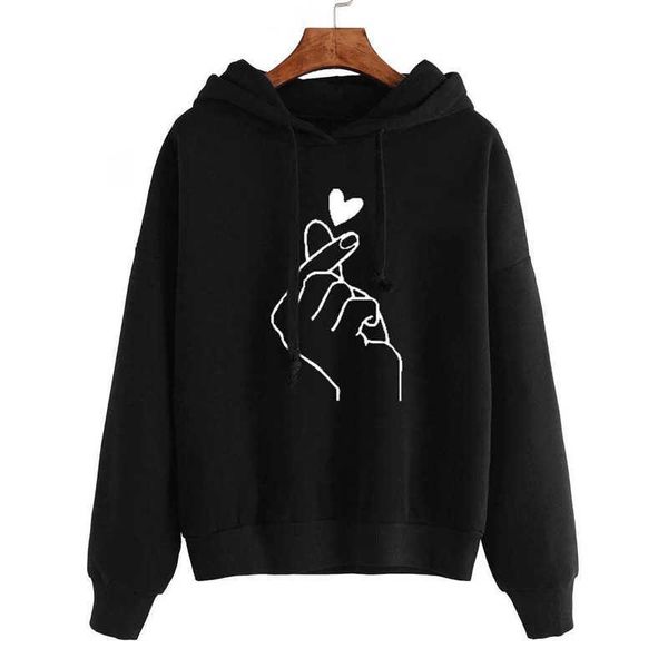 

harajuku women's sweatshirt and hoody ladies oversize k pop yellow pink love heart finger hood casual hoodies for women girls 210527, Black