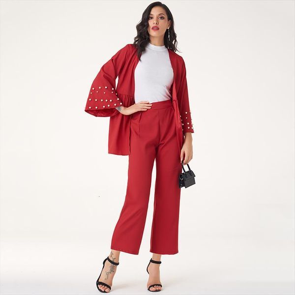 

spring autumn elegant pearl womenpant decoration jacket nine point two piece ol business suit, White