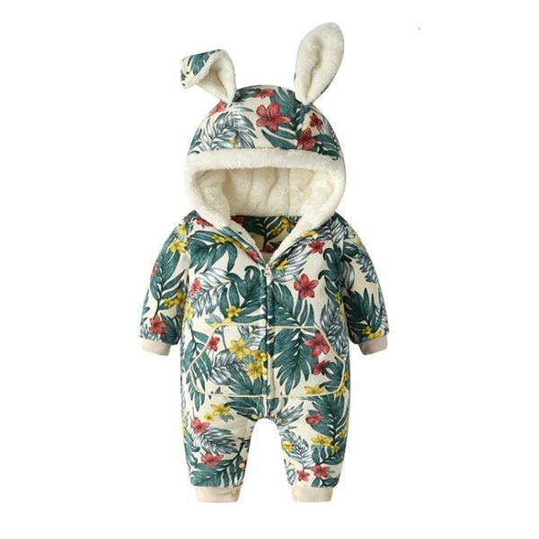 

children's suit baby winter hooded floral snowsuit newborn girls thick romper with rabbit ear infant snow wear combenizon new year cost, Blue;gray