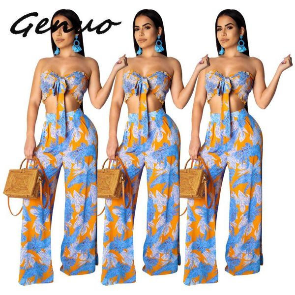

leaves print 2 piece tracksuits women bow tie backless crop and wide leg pants summer outfits two matching sets women's, Gray