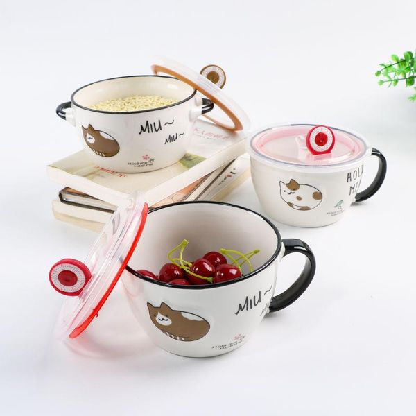 

bowls cute cat bowl instant noodle with lid dormitory student ceramic easy to clean cup eating salad