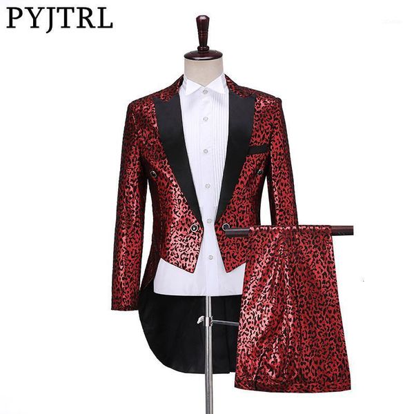

mens fashion gold red leopard print two-piece set swallowtail suit wedding groom stage singer party prom dress tuxedos men's suits & bl, White;black