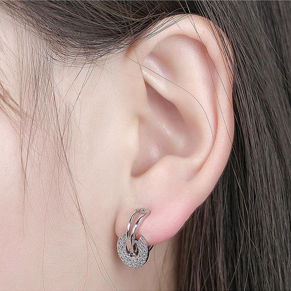 

hoop & huggie women's wedding earrings shiny micro crystal paved round pendants elegant geometric piercing earring stud trendy jewelry, Golden;silver