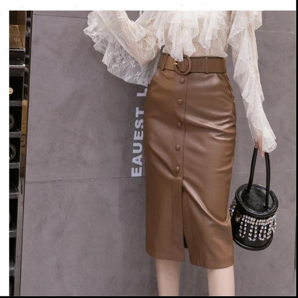 

pu faux leather midi pencil womens skirts button sashes high waist slim ladies office elegant wrap skirt s9105, Black