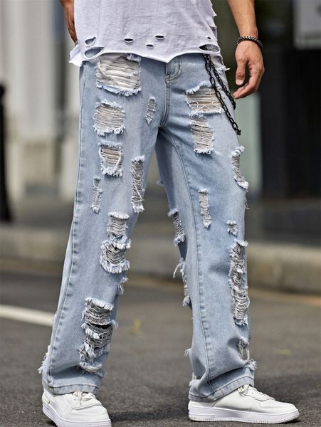 

men ripped straight leg jeans without chain r7ba#, Blue